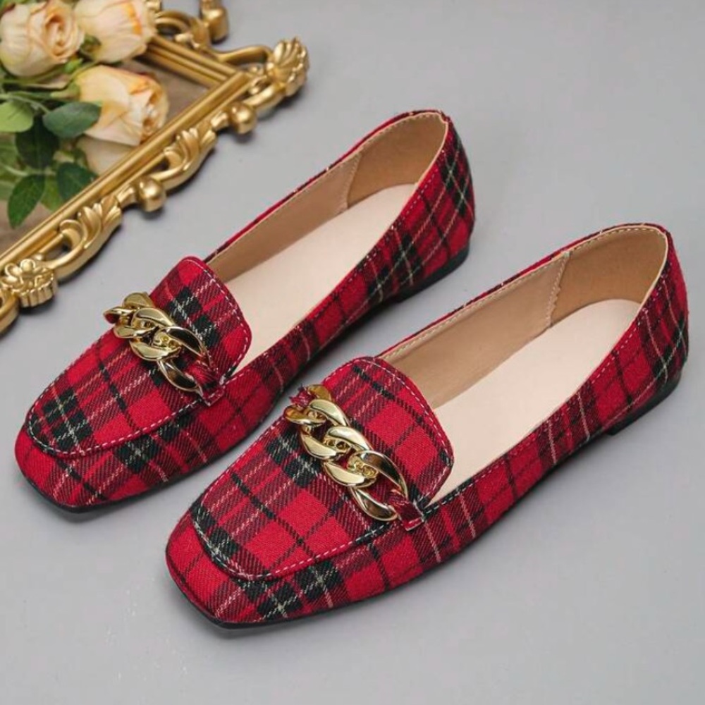 New Plaid Gold Chain Red Penny Loafers Holiday Flats